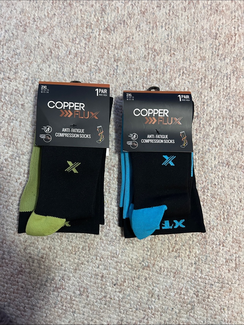NEW FLUX Copper Compression Socks - Black with Blue or Green Accents - Size 2XL